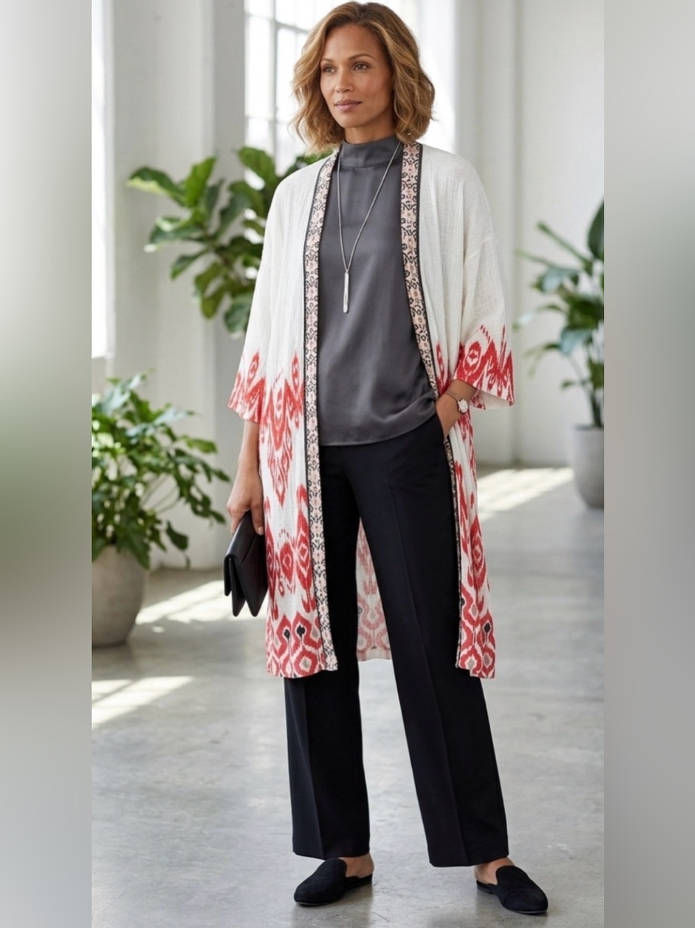 Chico's Ikat Long Open Front Kimono Duster Cardigan Size Large